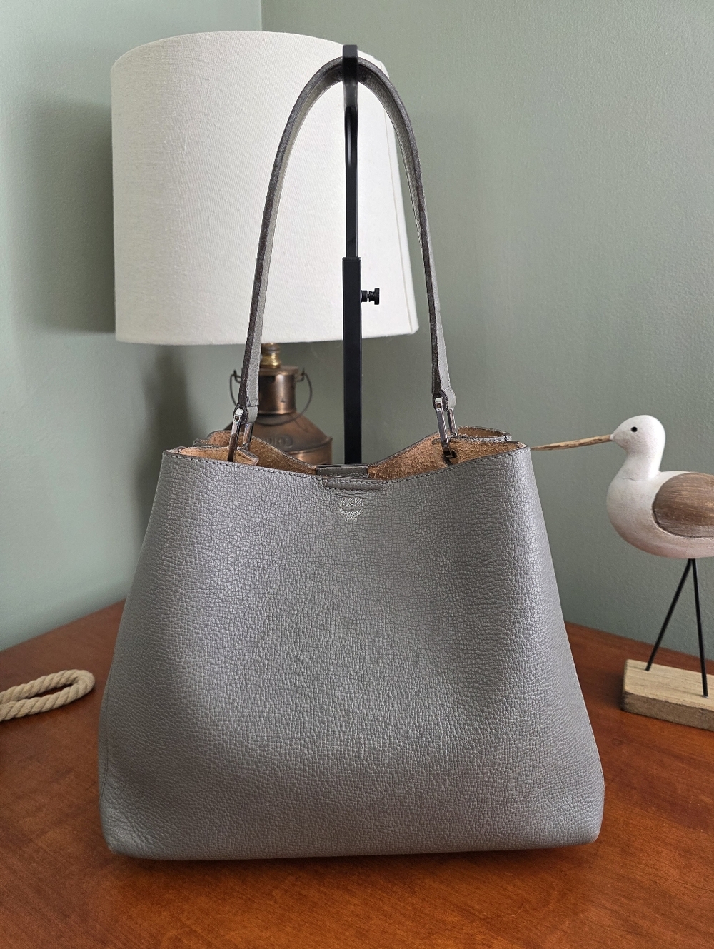 MCM Sarah Hobo Gray Pebbled Leather Shoulder Bag COA